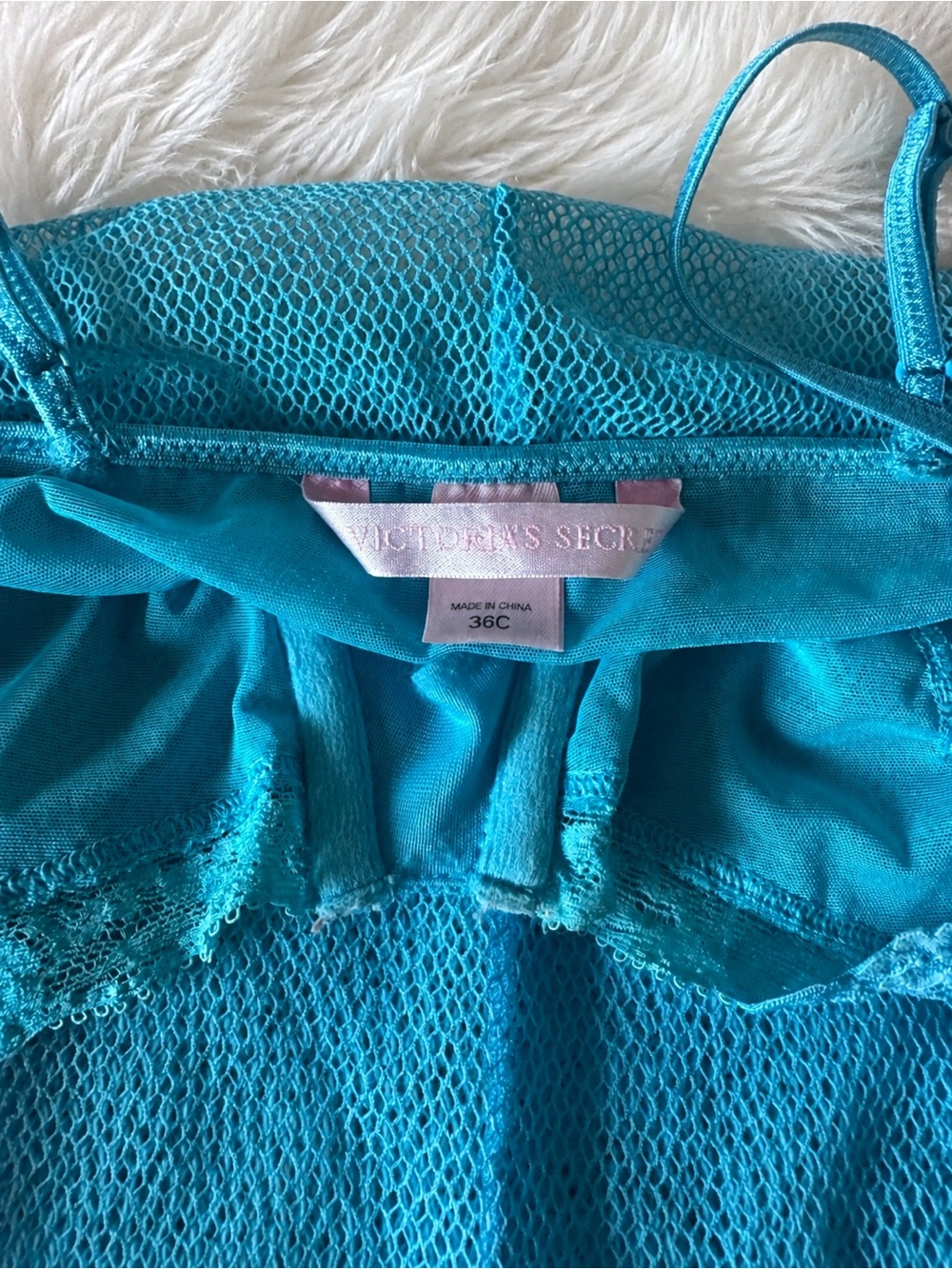 VTG Victoria’s Secret Aqua Blue Fishnet Underwire Babydoll Slip Dress 36C - Picture 11 of 11